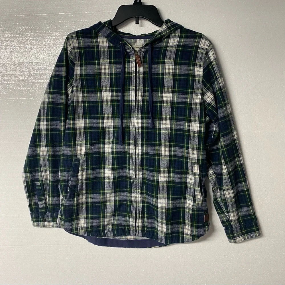 L.L. Bean Jacket Men Size M Plaid Full Zip Drawstring Hood Pocket Lightweight